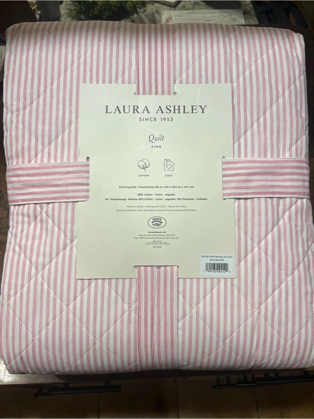 Laura Ashley Pink and White Oxford Striped KING Quilt ~ NWT